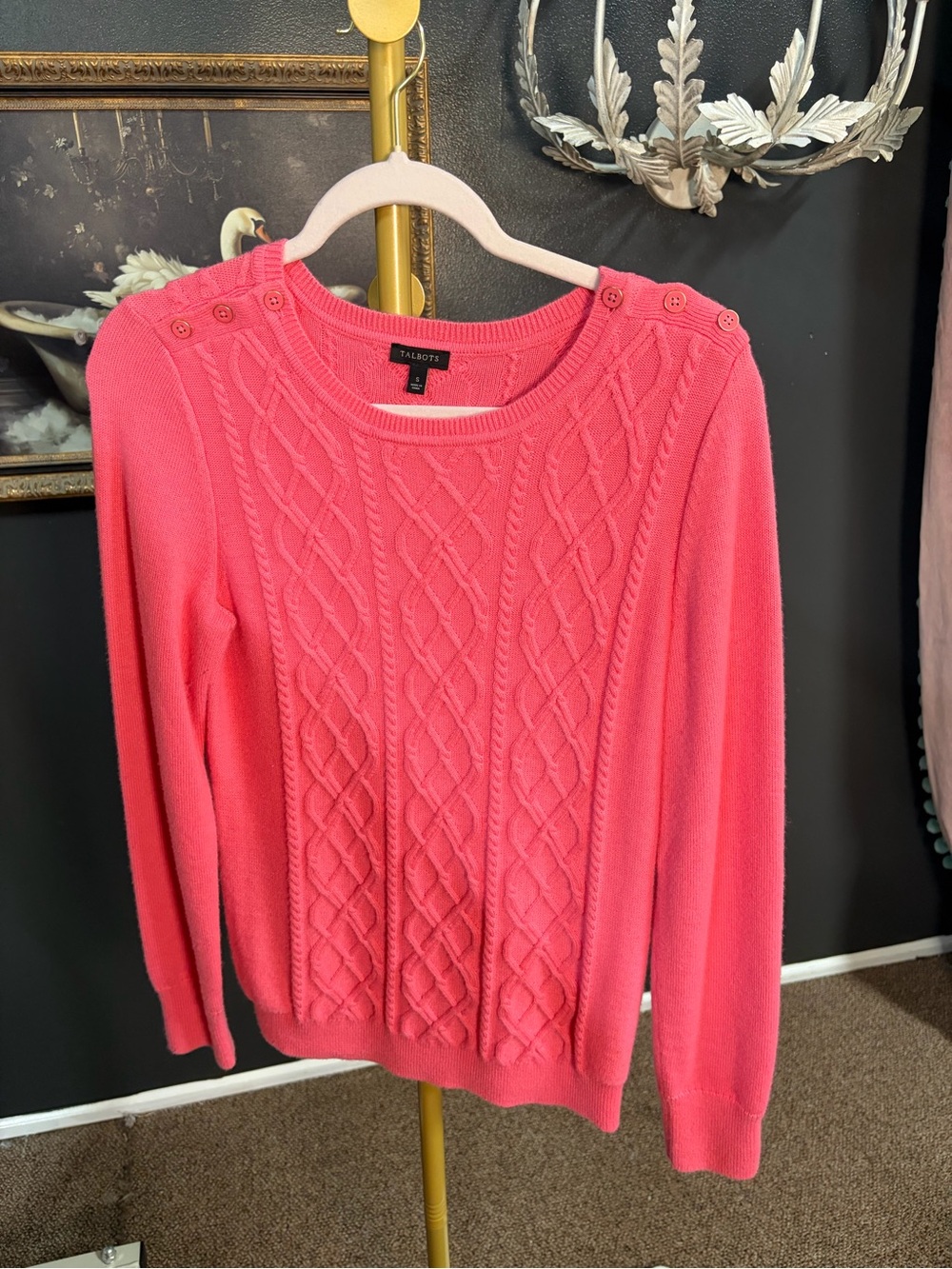 Talbots Coral Pink Cable-Knit Crewneck Sweater with Shoulder Buttons - Picture 1 of 5